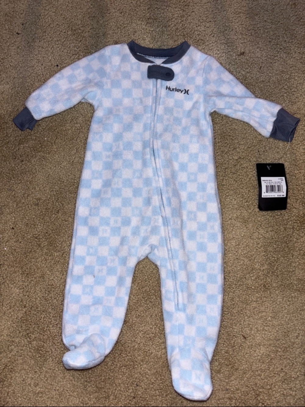 Hurley Light Blue and White Check Fleece Footed One-Piece